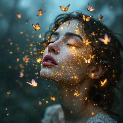The primary subject of the image is a woman with her eyes closed, surrounded by a swarm of butterflies. The setting is a forest, with the woman standing in the middle of the scene. The visual style is a combination of photo and digital art, creating a surreal and dreamy atmosphere. The colors are predominantly yellow and orange, which are associated with warmth, happiness, and the natural world. The overall mood of the image is one of serenity and connection with nature.